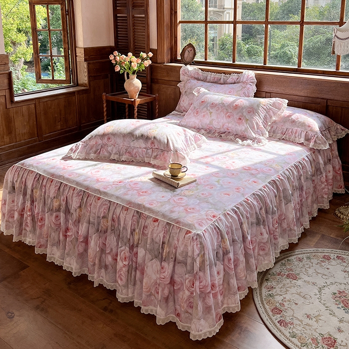 91家纺网 家纺一手货源 找家纺 （总）网红馆（ck家纺） 2025新款全棉磨毛印花床裙款复古法式优雅四件套