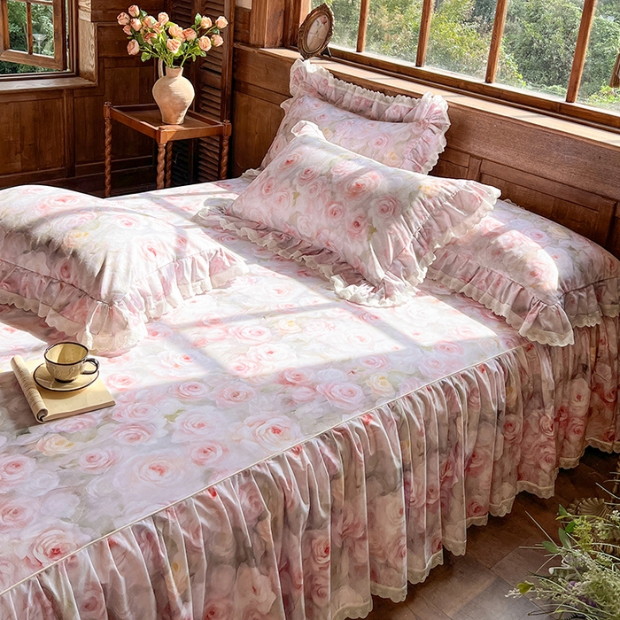 91家纺网 家纺一手货源 找家纺 （总）网红馆（ck家纺） 2025新款全棉磨毛印花床裙款复古法式优雅四件套