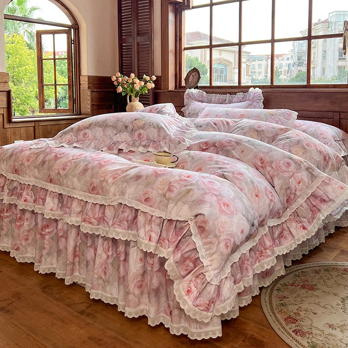 91家纺网 家纺一手货源 找家纺 （总）网红馆（ck家纺） 2025新款全棉磨毛印花床裙款复古法式优雅四件套