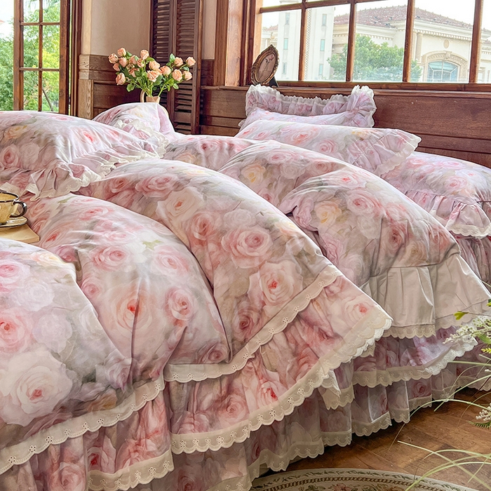 91家纺网 家纺一手货源 找家纺 （总）网红馆（ck家纺） 2025新款全棉磨毛印花床裙款复古法式优雅四件套