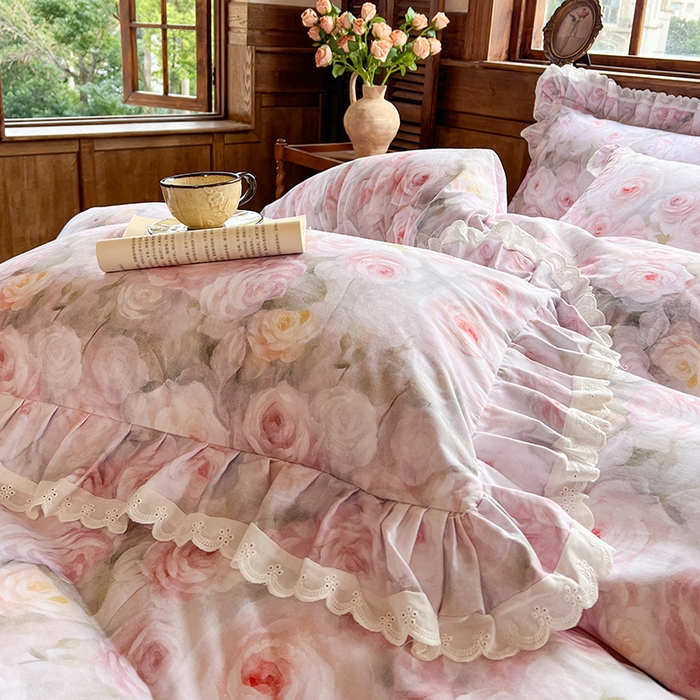 91家纺网 家纺一手货源 找家纺 （总）网红馆（ck家纺） 2025新款全棉磨毛印花床裙款复古法式优雅四件套