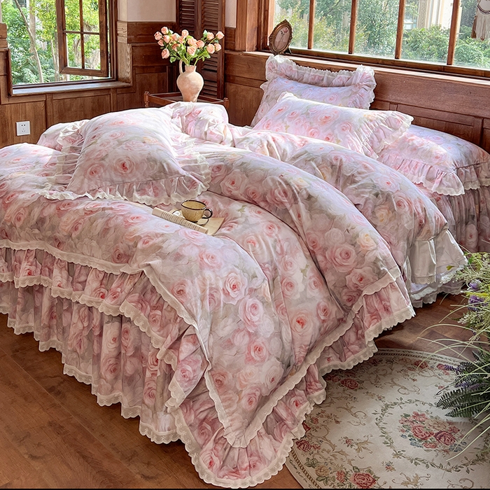 91家纺网 家纺一手货源 找家纺 （总）网红馆（ck家纺） 2025新款全棉磨毛印花床裙款复古法式优雅四件套