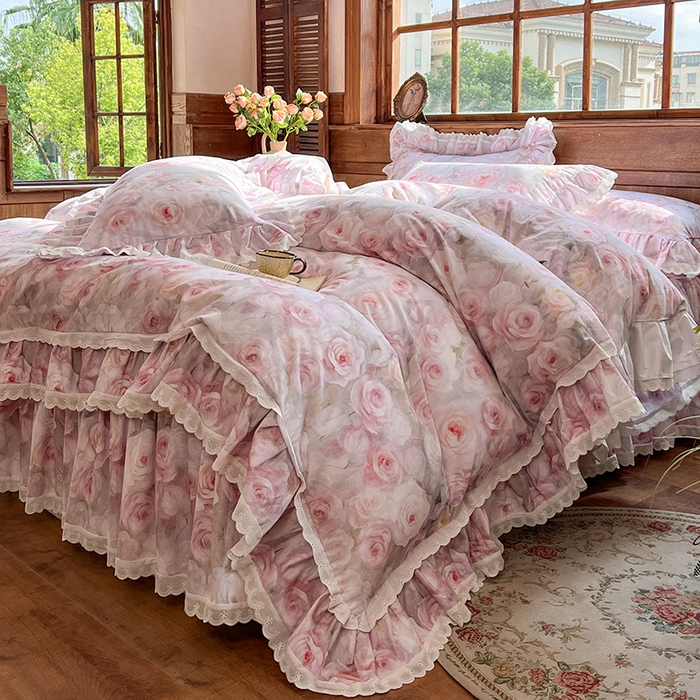 91家纺网 家纺一手货源 找家纺 （总）网红馆（ck家纺） 2025新款全棉磨毛印花床裙款复古法式优雅四件套