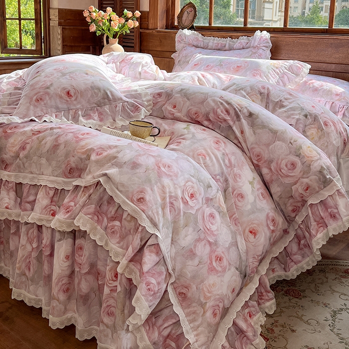 91家纺网 家纺一手货源 找家纺 （总）网红馆（ck家纺） 2025新款全棉磨毛印花床裙款复古法式优雅四件套