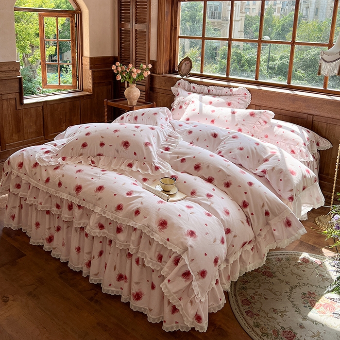 91家纺网 家纺一手货源 找家纺 （总）网红馆（ck家纺） 2025新款全棉磨毛印花床裙款复古法式优雅四件套