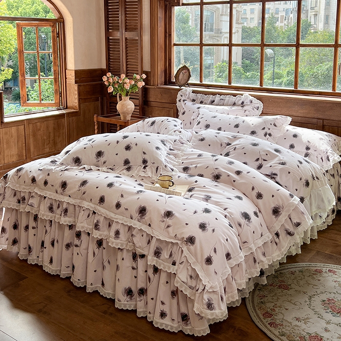 91家纺网 家纺一手货源 找家纺 （总）网红馆（ck家纺） 2025新款全棉磨毛印花床裙款复古法式优雅四件套