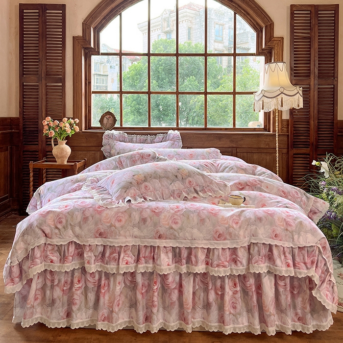 91家纺网 家纺一手货源 找家纺 网红馆（ck家纺） 2025新款全棉磨毛印花床裙款复古法式优雅四件套 花舞漫天-粉