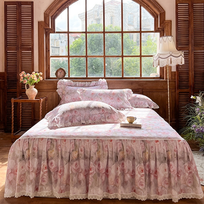 91家纺网 家纺一手货源 找家纺 网红馆（ck家纺） 2025新款全棉磨毛印花床裙款复古法式优雅四件套 花舞漫天-粉