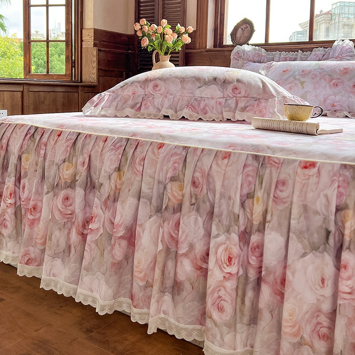 91家纺网 家纺一手货源 找家纺 网红馆（ck家纺） 2025新款全棉磨毛印花床裙款复古法式优雅四件套 花舞漫天-粉