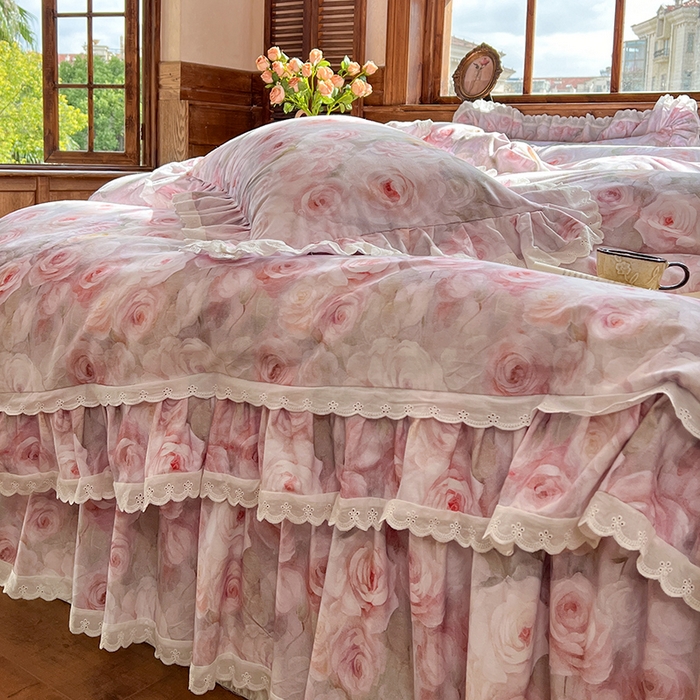 91家纺网 家纺一手货源 找家纺 网红馆（ck家纺） 2025新款全棉磨毛印花床裙款复古法式优雅四件套 花舞漫天-粉