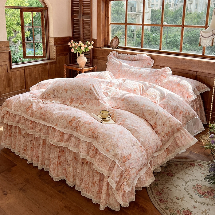 网红馆（ck家纺） 2025新款全棉磨毛印花床裙款复古法式优雅四件套 梦语-桔