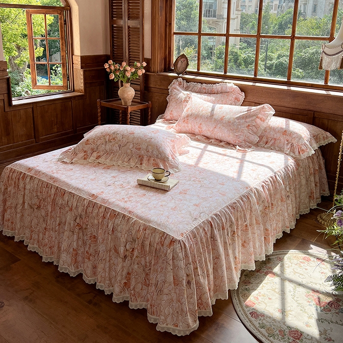 91家纺网 家纺一手货源 找家纺 网红馆（ck家纺） 2025新款全棉磨毛印花床裙款复古法式优雅四件套 梦语-桔