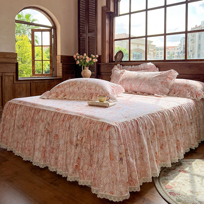 91家纺网 家纺一手货源 找家纺 网红馆（ck家纺） 2025新款全棉磨毛印花床裙款复古法式优雅四件套 梦语-桔