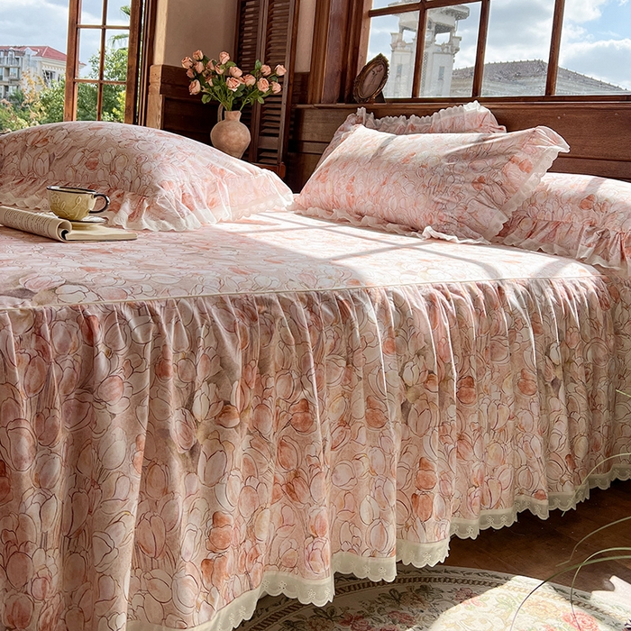 91家纺网 家纺一手货源 找家纺 网红馆（ck家纺） 2025新款全棉磨毛印花床裙款复古法式优雅四件套 梦语-桔