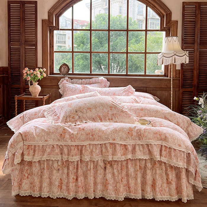 91家纺网 家纺一手货源 找家纺 网红馆（ck家纺） 2025新款全棉磨毛印花床裙款复古法式优雅四件套 梦语-桔