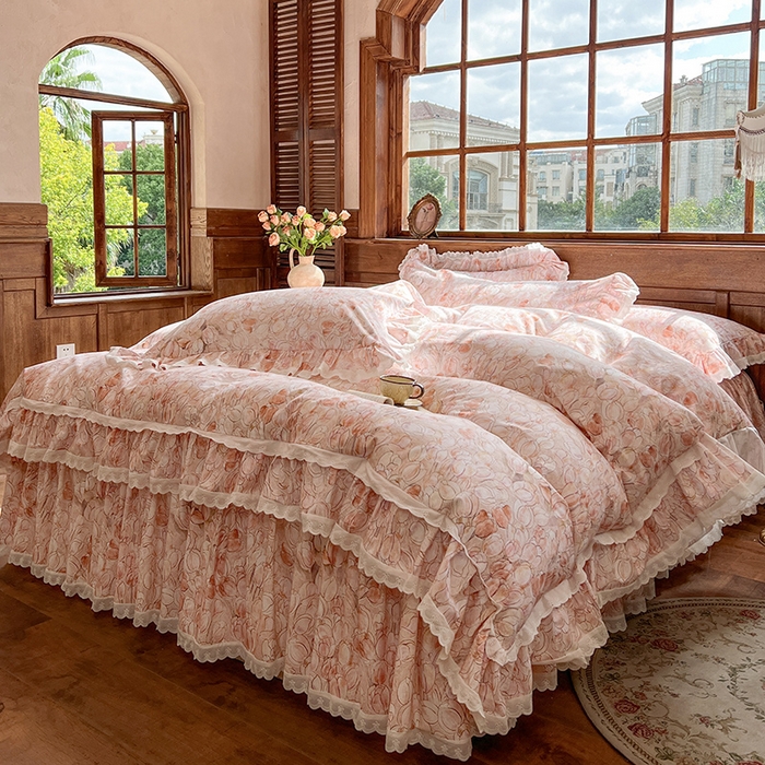 91家纺网 家纺一手货源 找家纺 网红馆（ck家纺） 2025新款全棉磨毛印花床裙款复古法式优雅四件套 梦语-桔