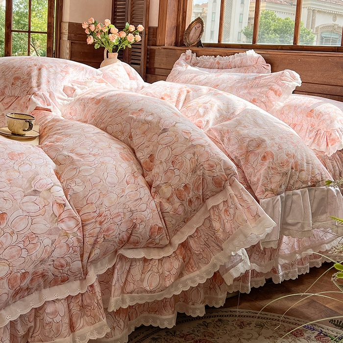 91家纺网 家纺一手货源 找家纺 网红馆（ck家纺） 2025新款全棉磨毛印花床裙款复古法式优雅四件套 梦语-桔