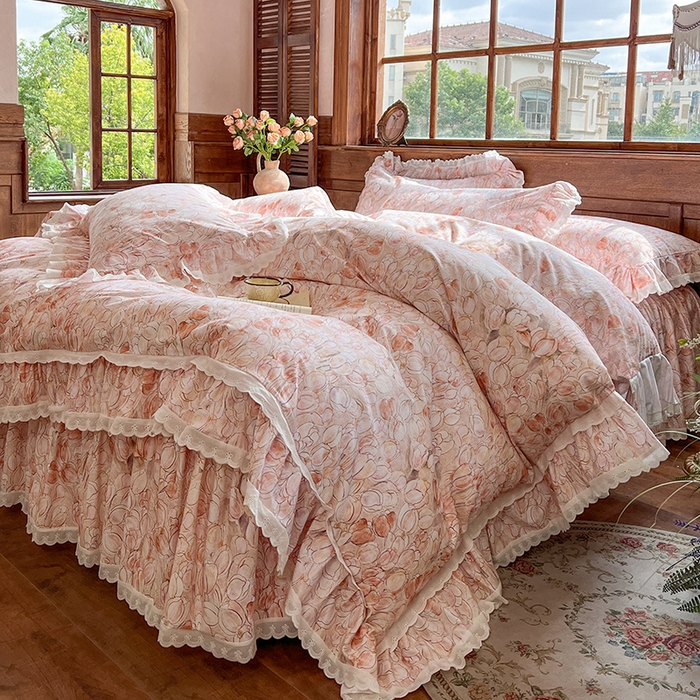 91家纺网 家纺一手货源 找家纺 网红馆（ck家纺） 2025新款全棉磨毛印花床裙款复古法式优雅四件套 梦语-桔