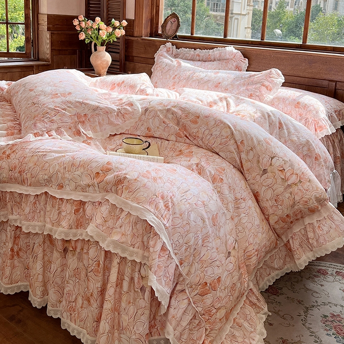 91家纺网 家纺一手货源 找家纺 网红馆（ck家纺） 2025新款全棉磨毛印花床裙款复古法式优雅四件套 梦语-桔