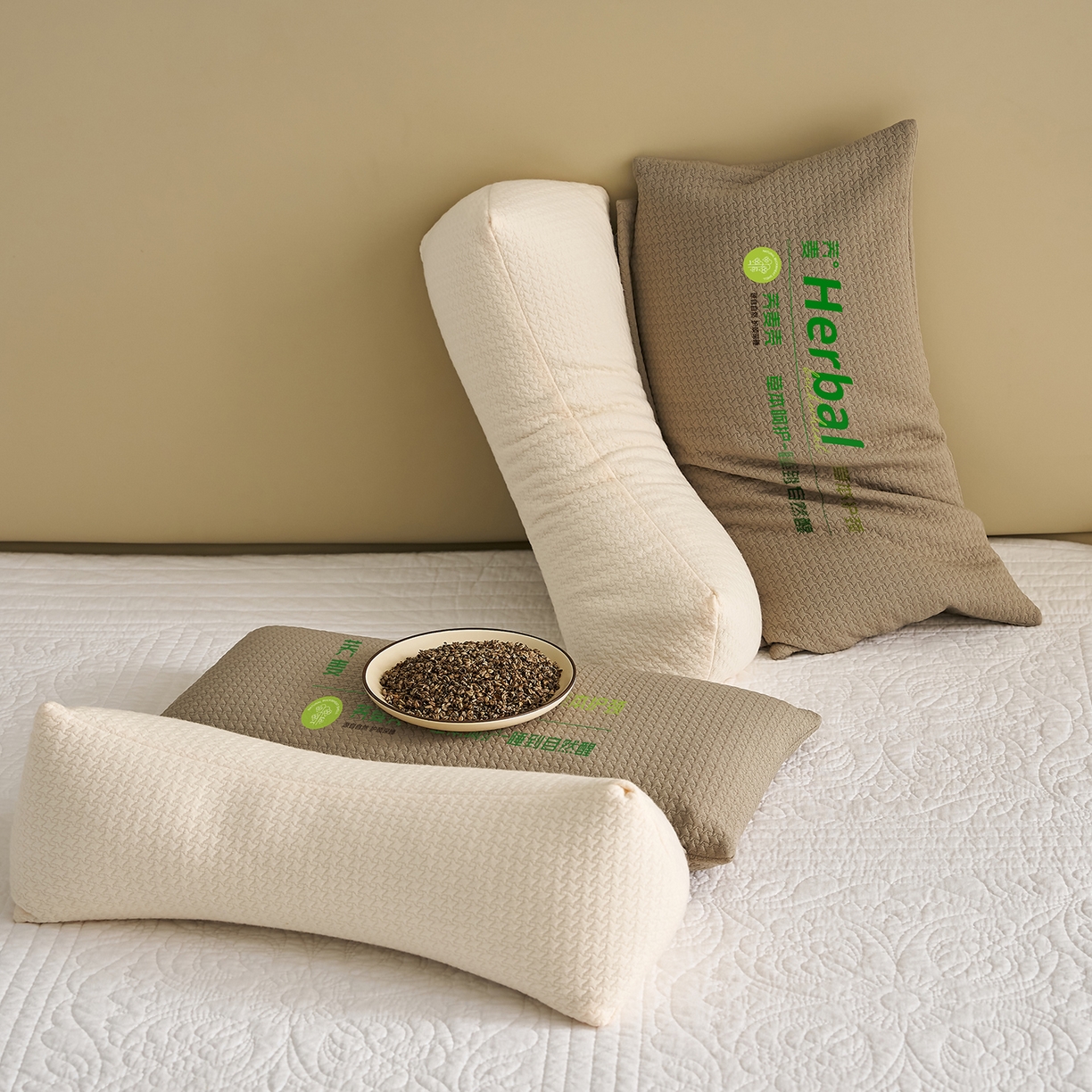 91家纺网 家纺一手货源 找家纺 乐可 2025新款草本组合枕荞麦枕本草香丸合香枕枕头枕芯 草本组合枕-米色