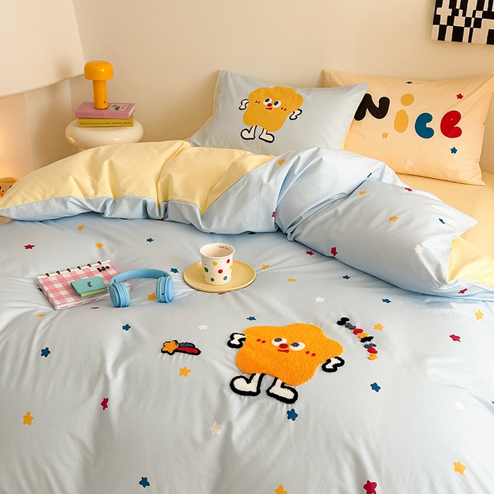 91家纺网 家纺一手货源 找家纺 锦彩家居 2025新款全棉13372数码印花毛巾绣四件套（提供买家秀） 彩虹星星