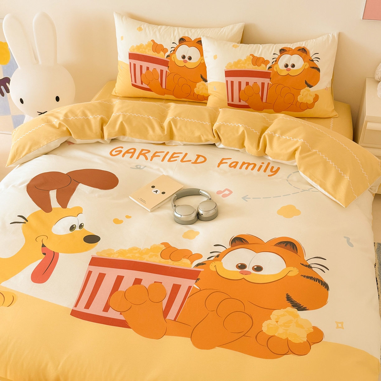 91家纺网 家纺一手货源 找家纺 锦彩家居 2025新款全棉数码印花卡通四件套-加菲猫系列 爆米花加菲