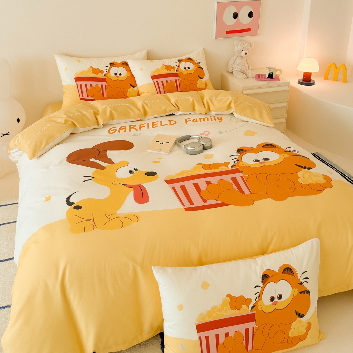 91家纺网 家纺一手货源 找家纺 锦彩家居 2025新款全棉数码印花卡通四件套-加菲猫系列 爆米花加菲