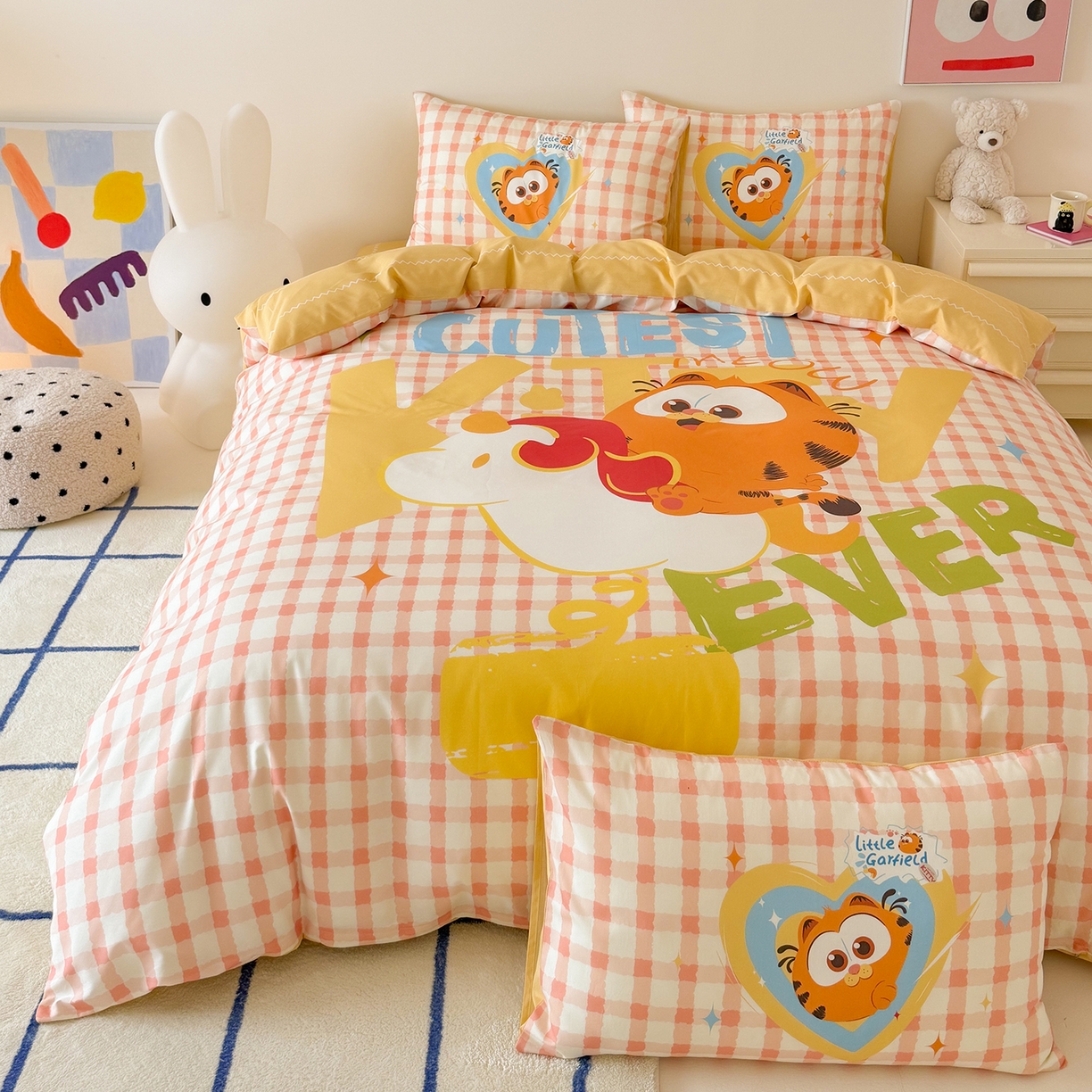 91家纺网 家纺一手货源 找家纺 锦彩家居 2025新款全棉数码印花卡通四件套-加菲猫系列 可爱加菲