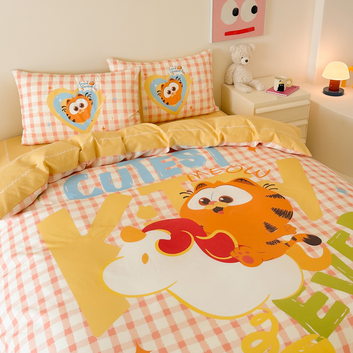 91家纺网 家纺一手货源 找家纺 锦彩家居 2025新款全棉数码印花卡通四件套-加菲猫系列 可爱加菲