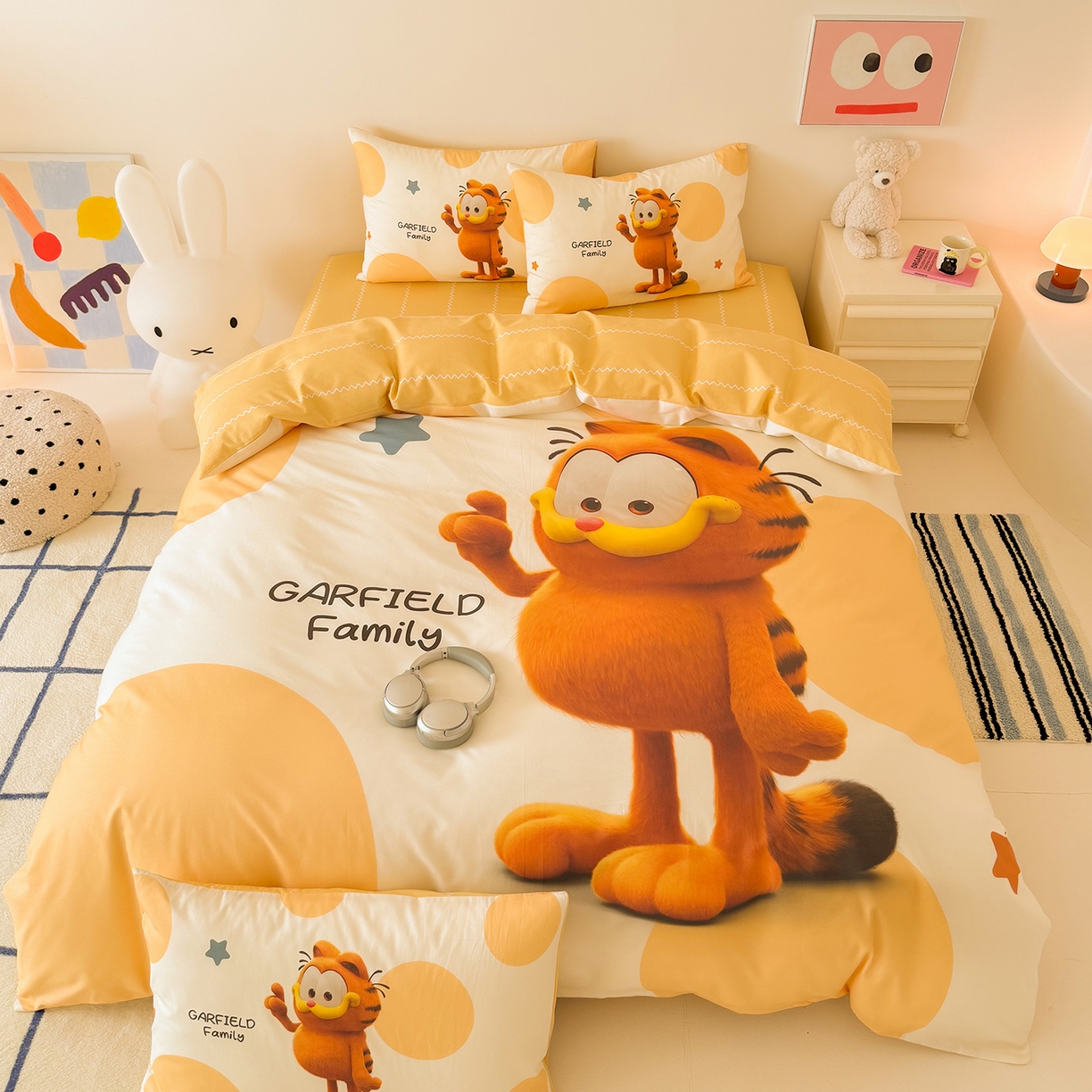 锦彩家居 2025新款全棉数码印花卡通四件套-加菲猫系列 圆点加菲