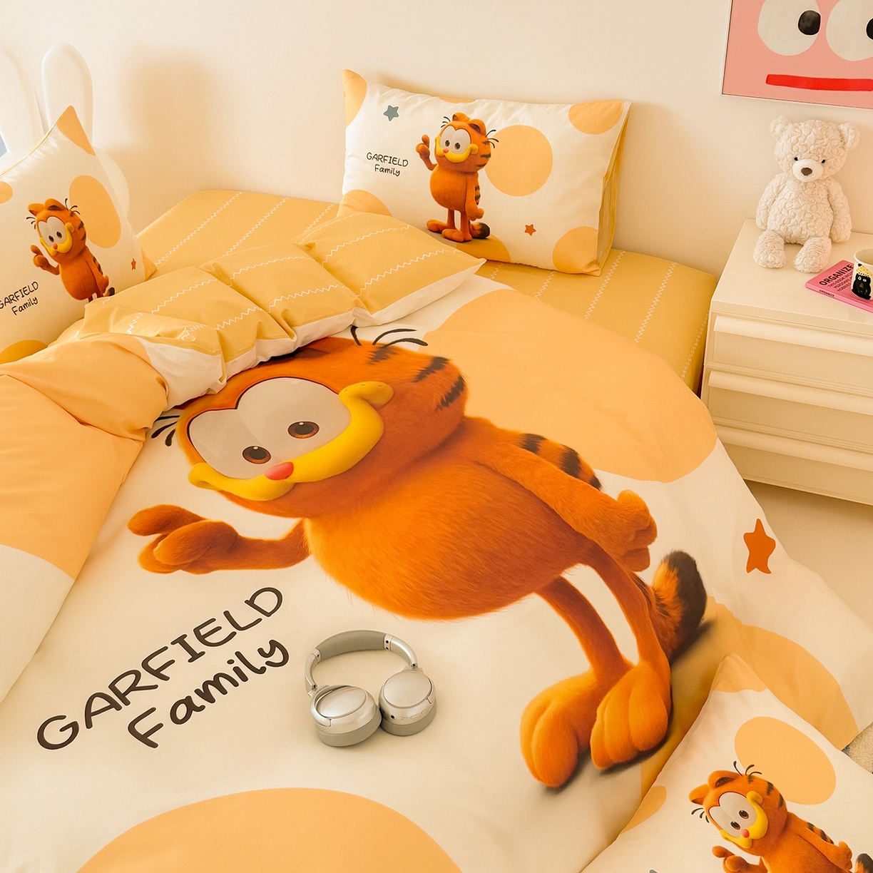 91家纺网 家纺一手货源 找家纺 锦彩家居 2025新款全棉数码印花卡通四件套-加菲猫系列 圆点加菲