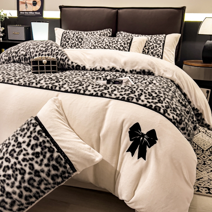 九花鹿 2025新款水貂绒蝴蝶结豹纹四件套 蝴蝶结豹纹-灰