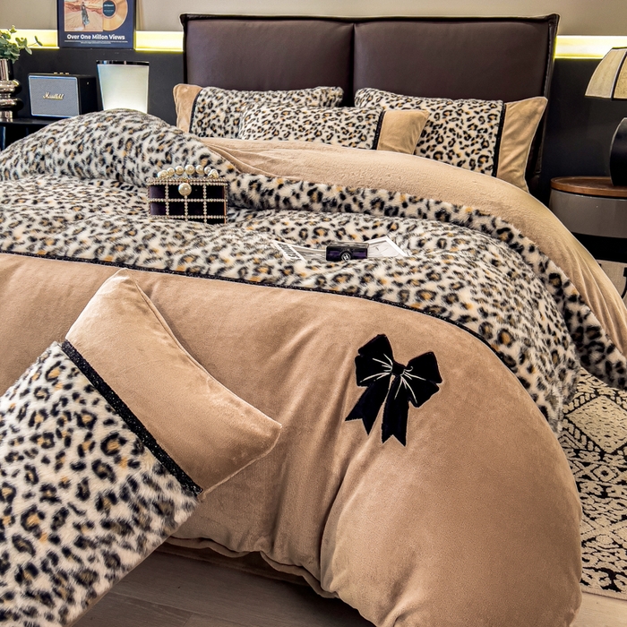 九花鹿 2025新款水貂绒蝴蝶结豹纹四件套 蝴蝶结豹纹-咖