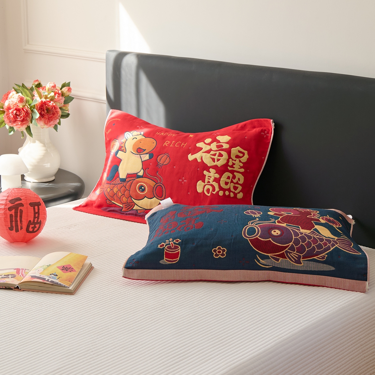 91家纺网 家纺一手货源 找家纺 沐瑟家纺 2026新款纯棉八层枕巾-马 福星高照马