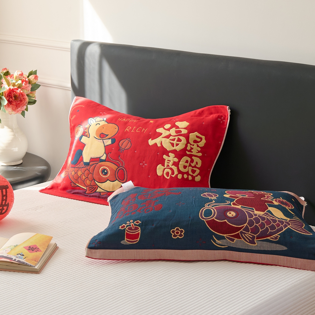 91家纺网 家纺一手货源 找家纺 沐瑟家纺 2026新款纯棉八层枕巾-马 福星高照马