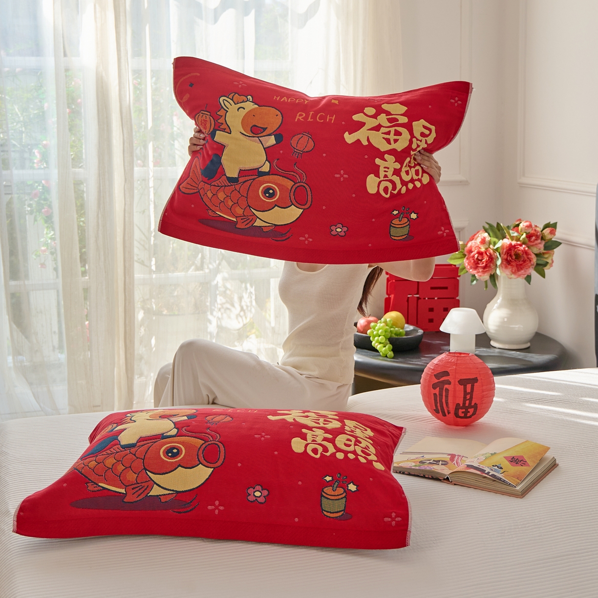 91家纺网 家纺一手货源 找家纺 沐瑟家纺 2026新款纯棉八层枕巾-马 福星高照马