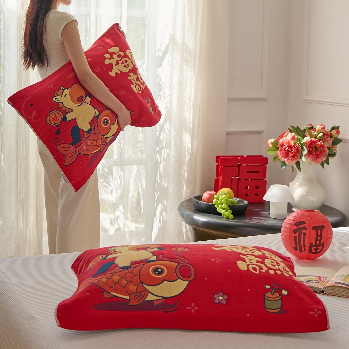 91家纺网 家纺一手货源 找家纺 沐瑟家纺 2026新款纯棉八层枕巾-马 福星高照马