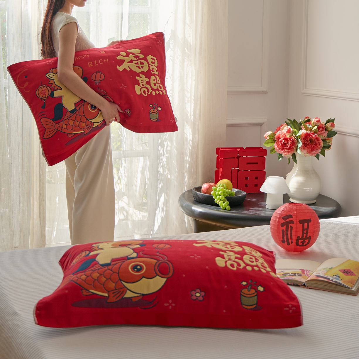 91家纺网 家纺一手货源 找家纺 沐瑟家纺 2026新款纯棉八层枕巾-马 福星高照马