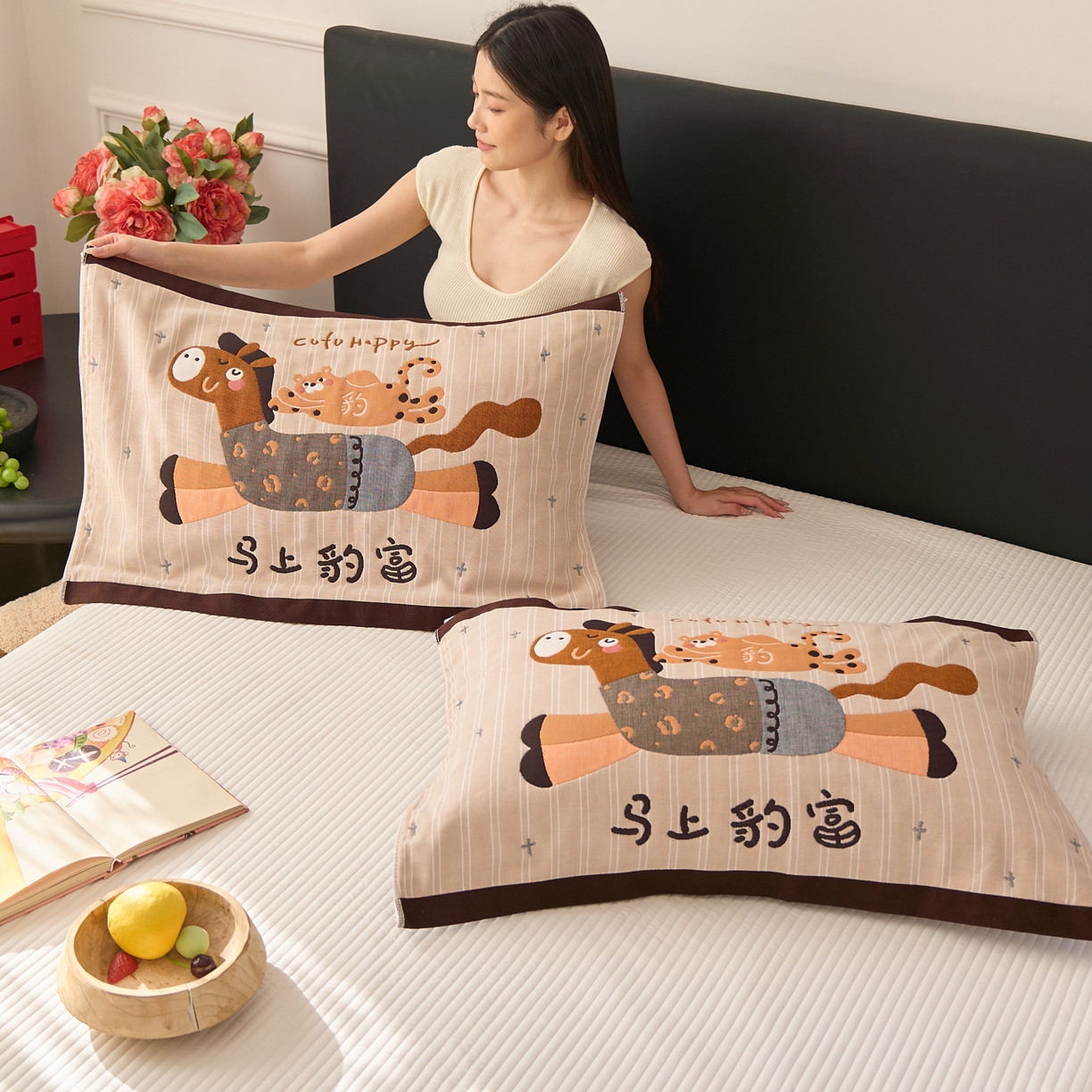 91家纺网 家纺一手货源 找家纺 沐瑟家纺 2026新款纯棉八层枕巾-马 马上豹富