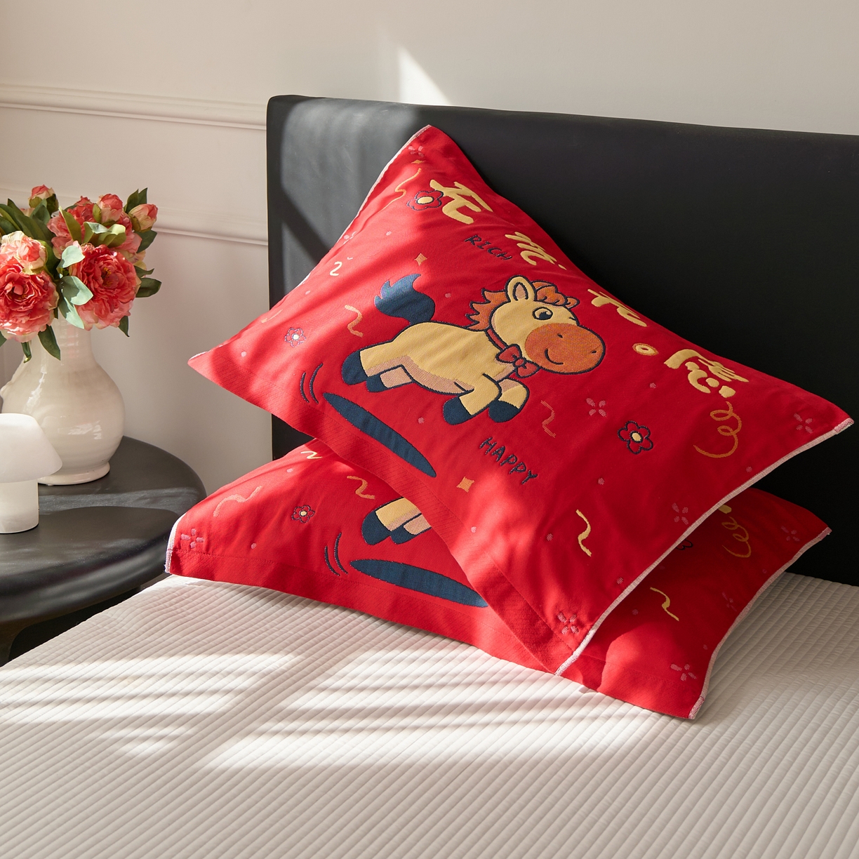 91家纺网 家纺一手货源 找家纺 沐瑟家纺 2026新款纯棉八层枕巾-马 无忧无虑马