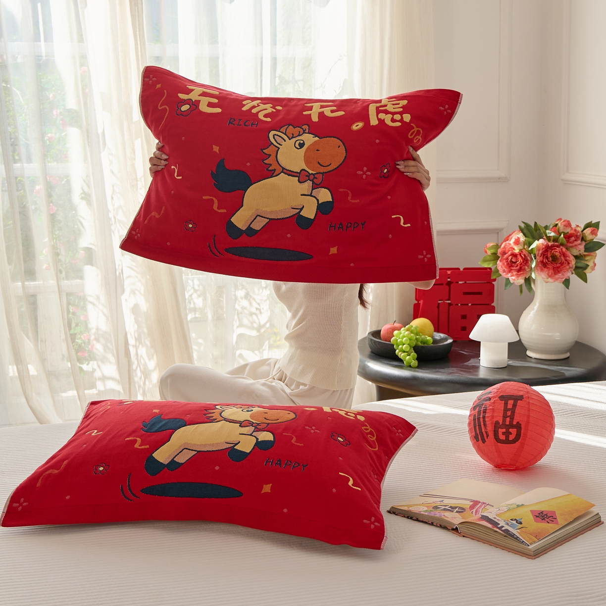 91家纺网 家纺一手货源 找家纺 沐瑟家纺 2026新款纯棉八层枕巾-马 无忧无虑马