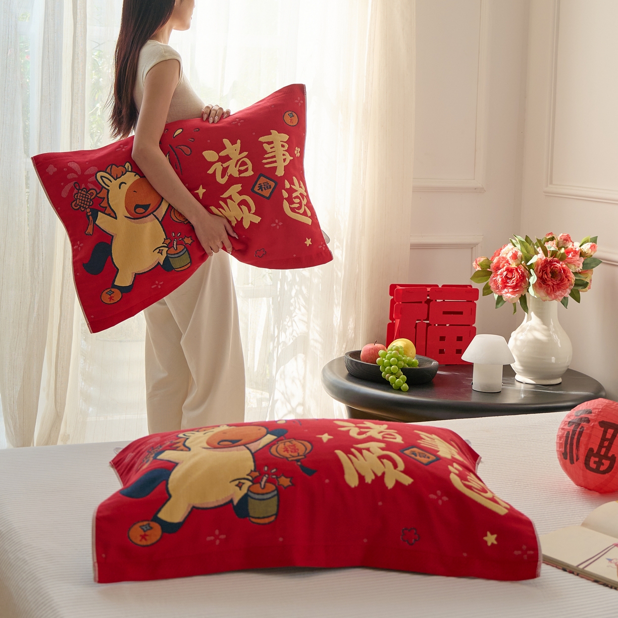 91家纺网 家纺一手货源 找家纺 沐瑟家纺 2026新款纯棉八层枕巾-马 诸事顺遂马