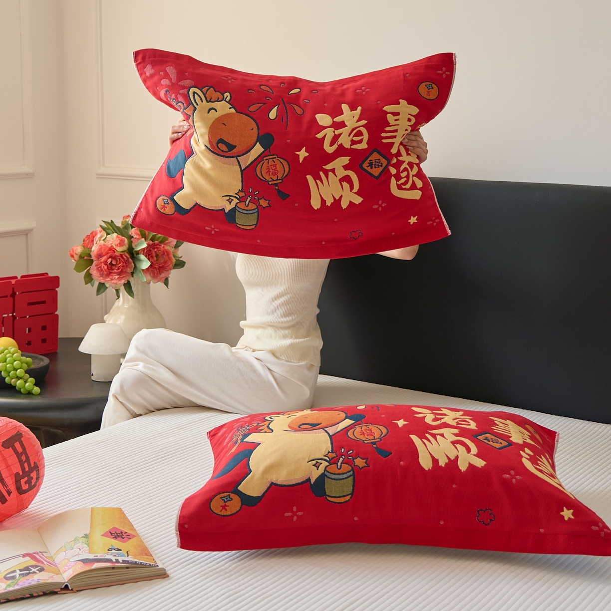 91家纺网 家纺一手货源 找家纺 沐瑟家纺 2026新款纯棉八层枕巾-马 诸事顺遂马