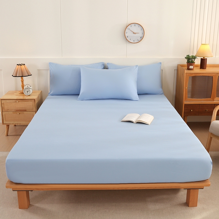 91家纺网 家纺一手货源 找家纺 优纤家纺 2025新款亲肤水洗棉床笠系列 天蓝