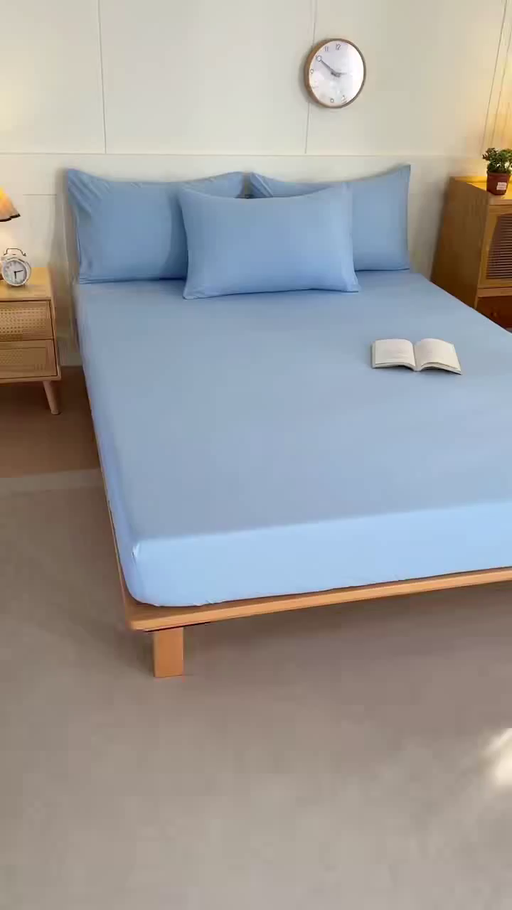 91家纺网 家纺一手货源 找家纺 优纤家纺 2025新款亲肤水洗棉床笠系列 天蓝