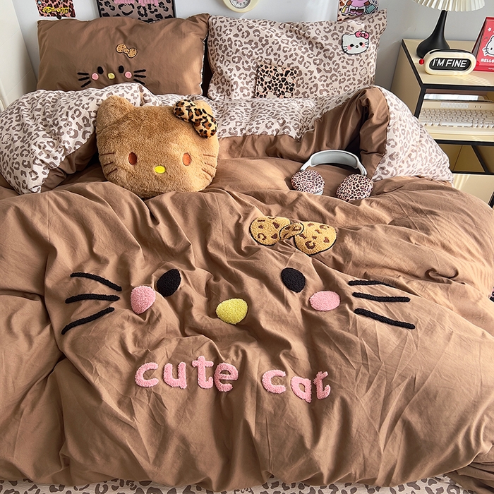 原素 2026网红爆款豹纹喵表情包毛巾绣A类床上四件套 豹纹喵表情包-咖