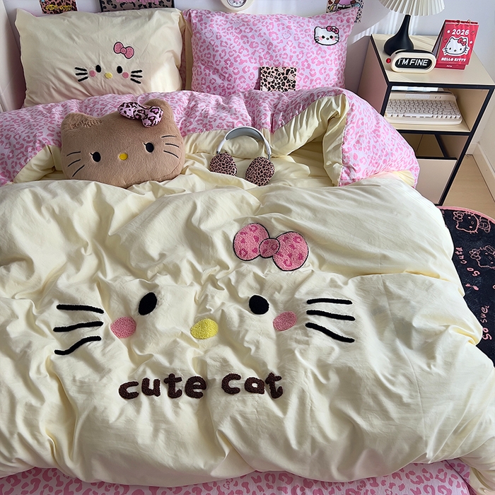 91家纺网 家纺一手货源 找家纺 原素 2026网红爆款豹纹喵表情包毛巾绣A类床上四件套 豹纹喵表情包-黄