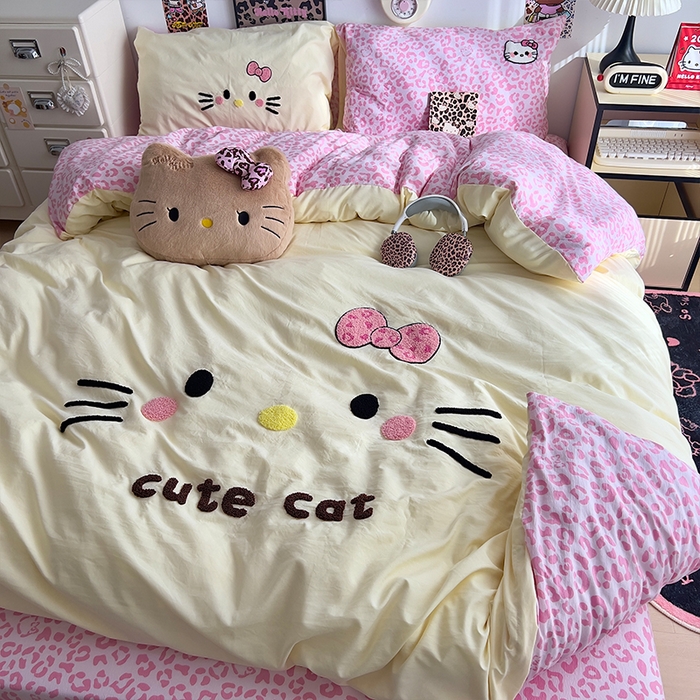 91家纺网 家纺一手货源 找家纺 原素 2026网红爆款豹纹喵表情包毛巾绣A类床上四件套 豹纹喵表情包-黄