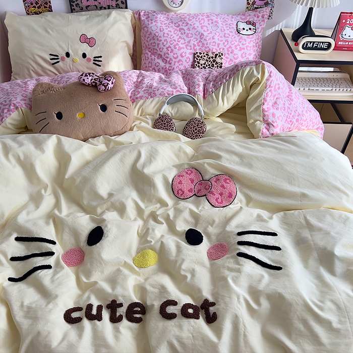 91家纺网 家纺一手货源 找家纺 原素 2026网红爆款豹纹喵表情包毛巾绣A类床上四件套 豹纹喵表情包-黄