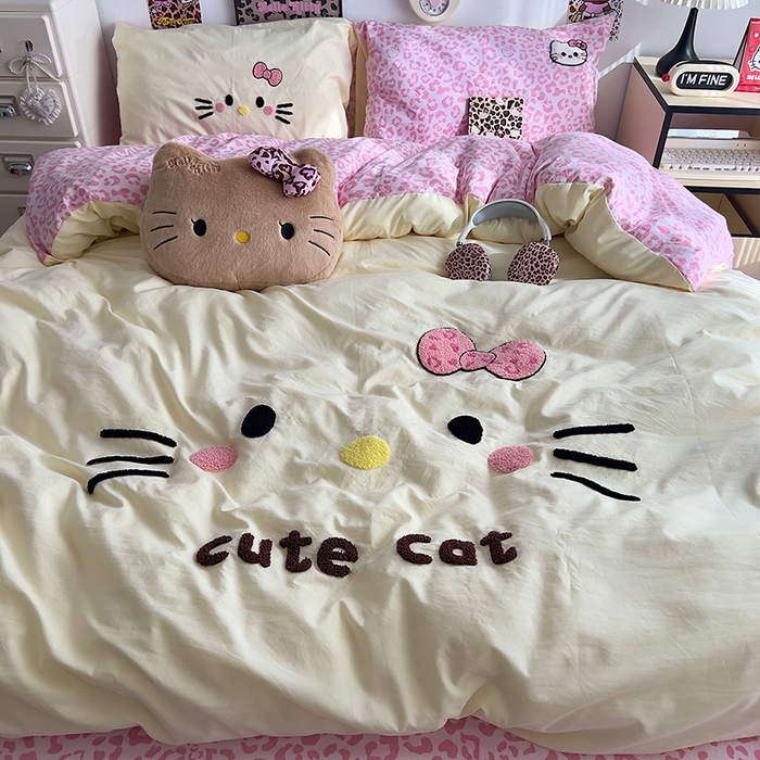 91家纺网 家纺一手货源 找家纺 原素 2026网红爆款豹纹喵表情包毛巾绣A类床上四件套 豹纹喵表情包-黄